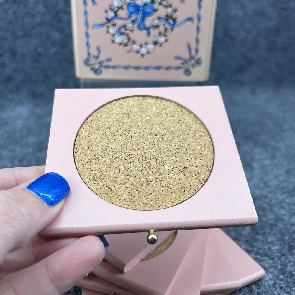 Vtg Set of 6 Pink Wood & Cork Square Coasters & Floral Blue Ribbon Storage Box